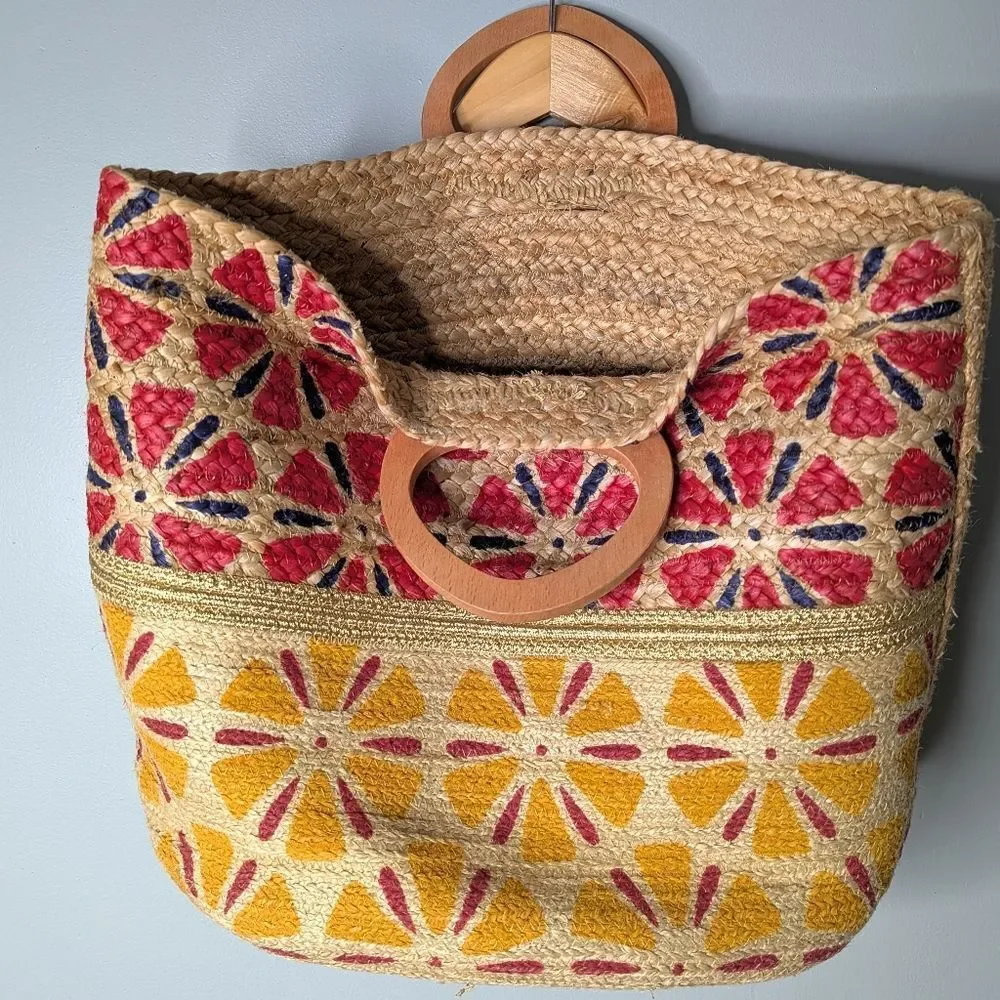 ANTIK KRAFT Jute Abstract Floral Gold Embellished Wood Handled Large Tote Bag